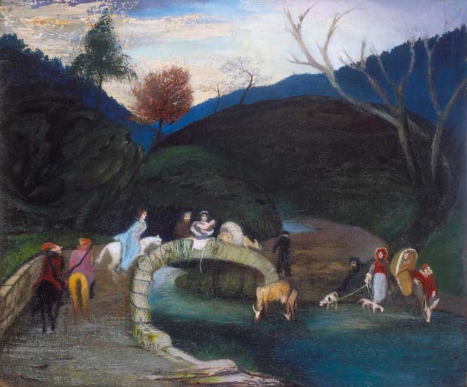 Hídon átvonuló társaság festmény